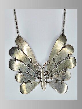 Silver Butterfly Necklace Kinetic Articulated Wings, Hammered Texture Rare